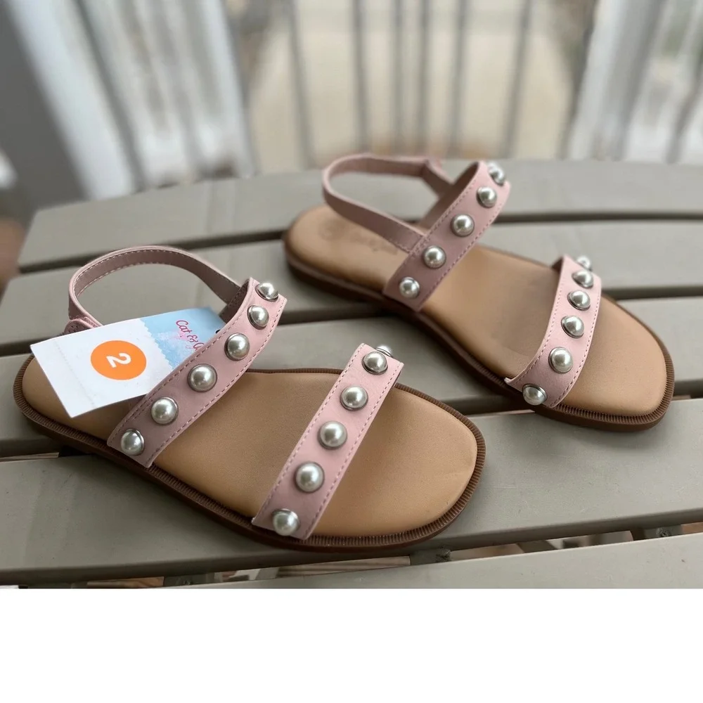 Cat & Jack Girls Pink Pearl Studded Slingback Sandals Size 2 NEW